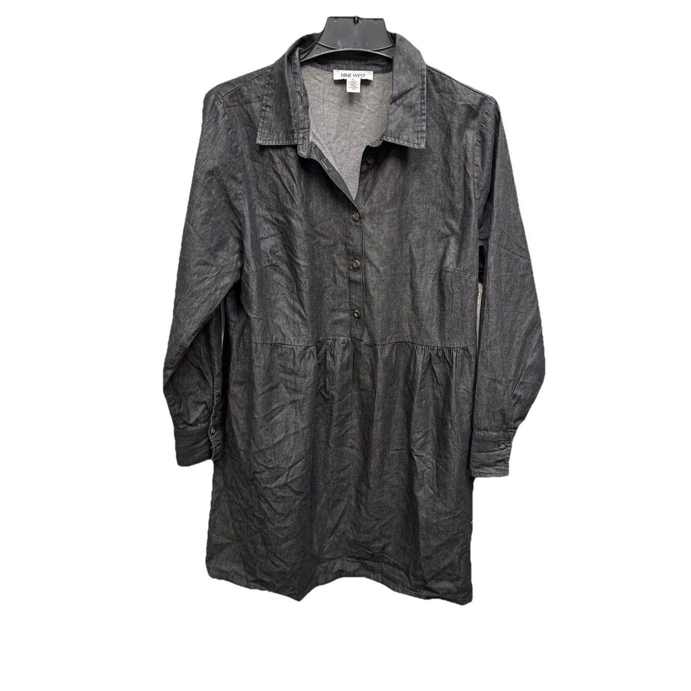 Nine West Lightweight Black Denim Shirt Dress XL Long Sleeve Minimalist Career
